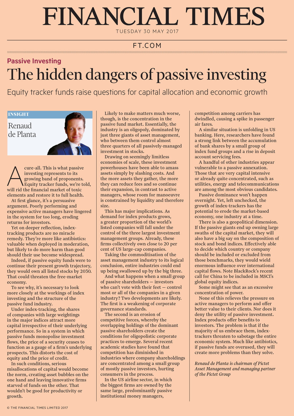 Renaud de Planta - Financial Times - The hidden dangers of passive investing
